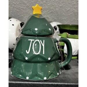 Rae Dunn Joy Christmas Tree Mug With Lid Green JOY
